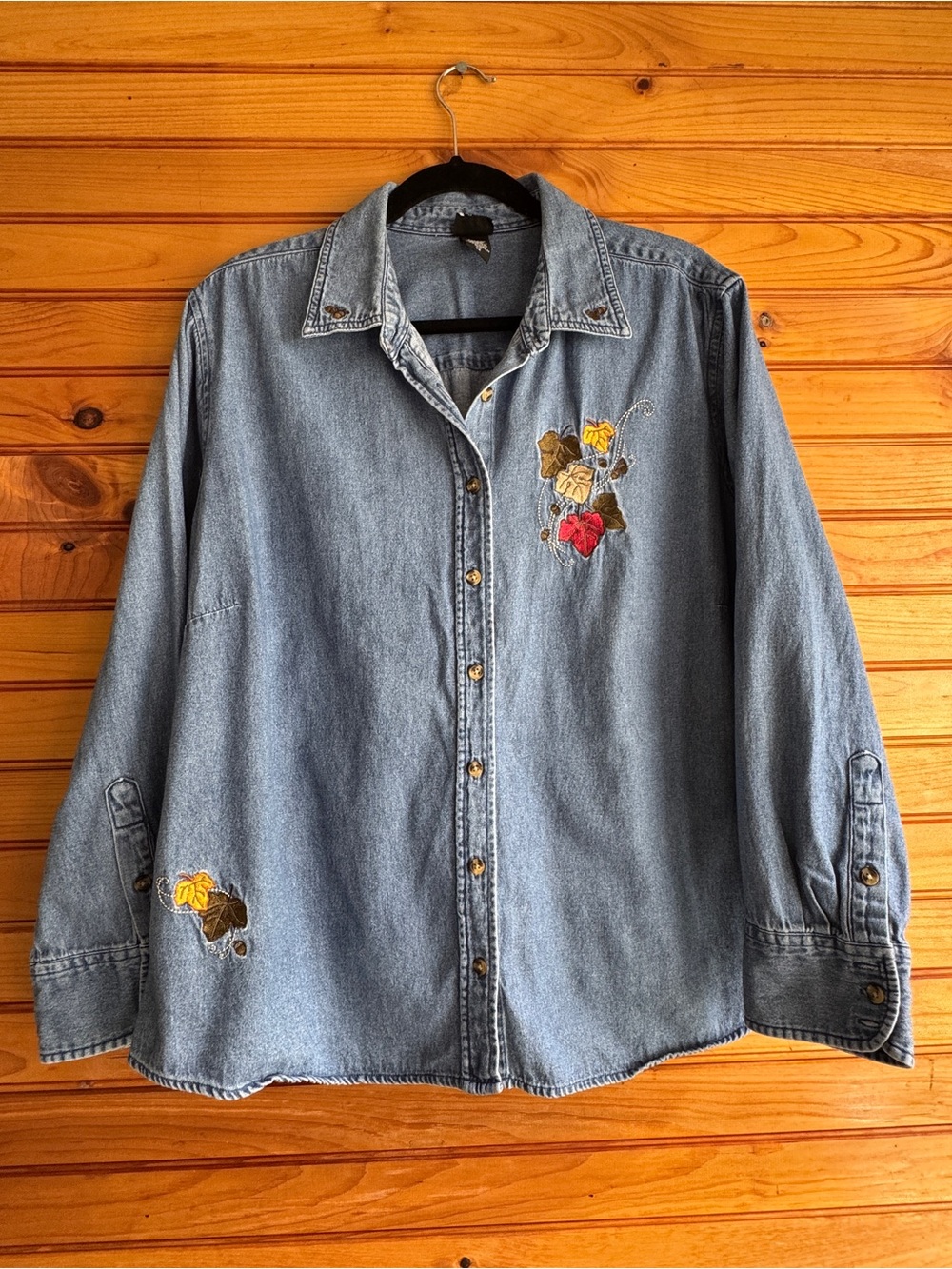 Vintage Holiday Editions Embroidered Denim Shirt 2X Fall Leaves Acorns